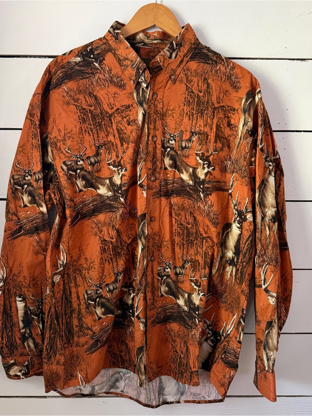 Men's Orange Hunting Deer Print Button-Front Shirt Jacket size Large